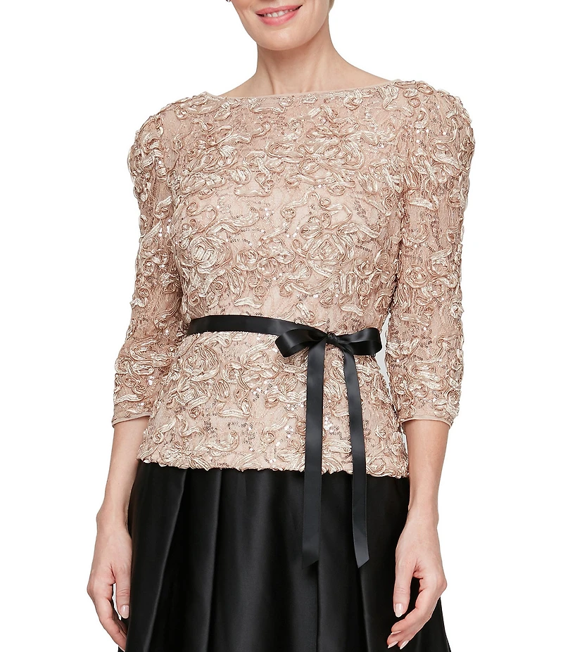 Alex Evenings Petite Size Boat Neck 3/4 Sleeve Fitted Lace Soutache Blouse