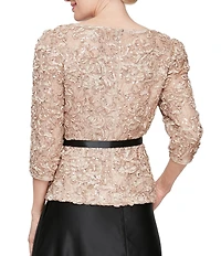 Alex Evenings Petite Size Boat Neck 3/4 Sleeve Fitted Lace Soutache Blouse