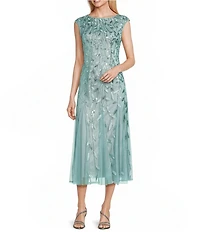 Alex Evenings Petite Size Boat Neck Cap Sleeve Beaded Midi Dress