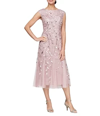 Alex Evenings Petite Size Boat Neck Cap Sleeve Beaded Midi Dress