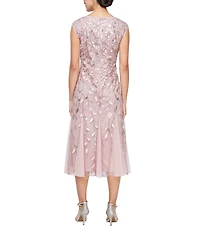 Alex Evenings Petite Size Boat Neck Cap Sleeve Beaded Midi Dress