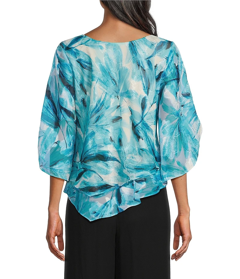 Alex Evenings Petite Size Chiffon Boat Neck 3/4 Sleeve Abstract Floral Print Double Tier Hem Blouse