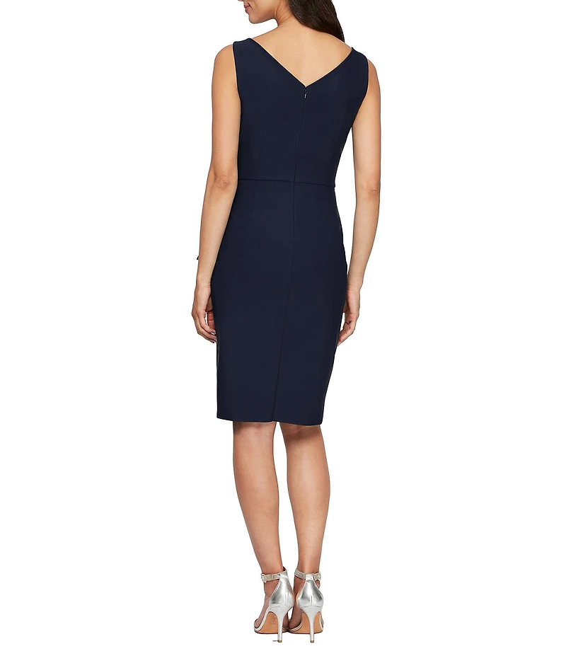 Alex Evenings Petite Size Contour Collection SmoothFit V Neck Sleeveless Side Ruched Cascading Ruffle Beaded Detail Dress
