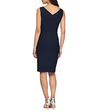 Alex Evenings Petite Size Contour Collection SmoothFit V Neck Sleeveless Side Ruched Cascading Ruffle Beaded Detail Dress