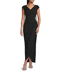 Alex Evenings Petite Size Contour Collection V-Neck Cap Sleeve Tulip Overlay Long Gown