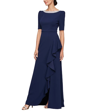 Alex Evenings Petite Size Crepe Embellish Boat Neck 3/4 Sleeves Ruffle Cascade A-Line Gown