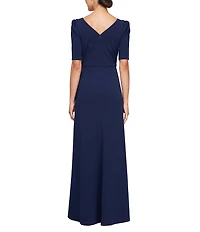 Alex Evenings Petite Size Crepe Embellish Boat Neck 3/4 Sleeves Ruffle Cascade A-Line Gown