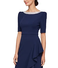 Alex Evenings Petite Size Crepe Embellish Boat Neck 3/4 Sleeves Ruffle Cascade A-Line Gown