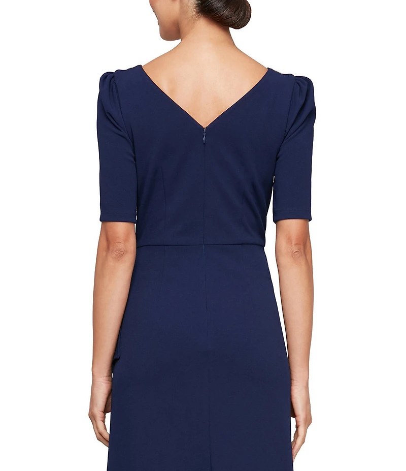 Alex Evenings Petite Size Crepe Embellish Boat Neck 3/4 Sleeves Ruffle Cascade A-Line Gown