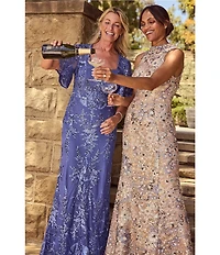 Alex Evenings Petite Size Crew Neck Sleeveless Floral Sequin Sheath Dress