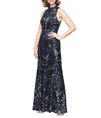 Alex Evenings Petite Size Crew Neck Sleeveless Floral Sequin Sheath Dress