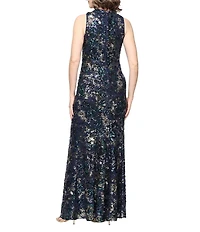 Alex Evenings Petite Size Crew Neck Sleeveless Floral Sequin Sheath Dress