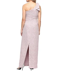 Alex Evenings Petite Size Embossed Jacquard One Shoulder Column Dress