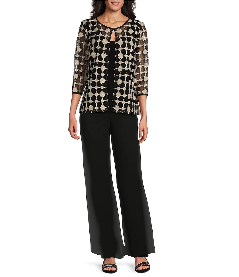 Alex Evenings Petite Size Embroidered Stretch Tulle Crew Neck 3/4 Sleeve Twinset