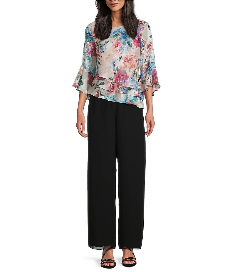 Alex Evenings Petite Size Floral 3/4 Bell Sleeve Chiffon Burnout Blouse