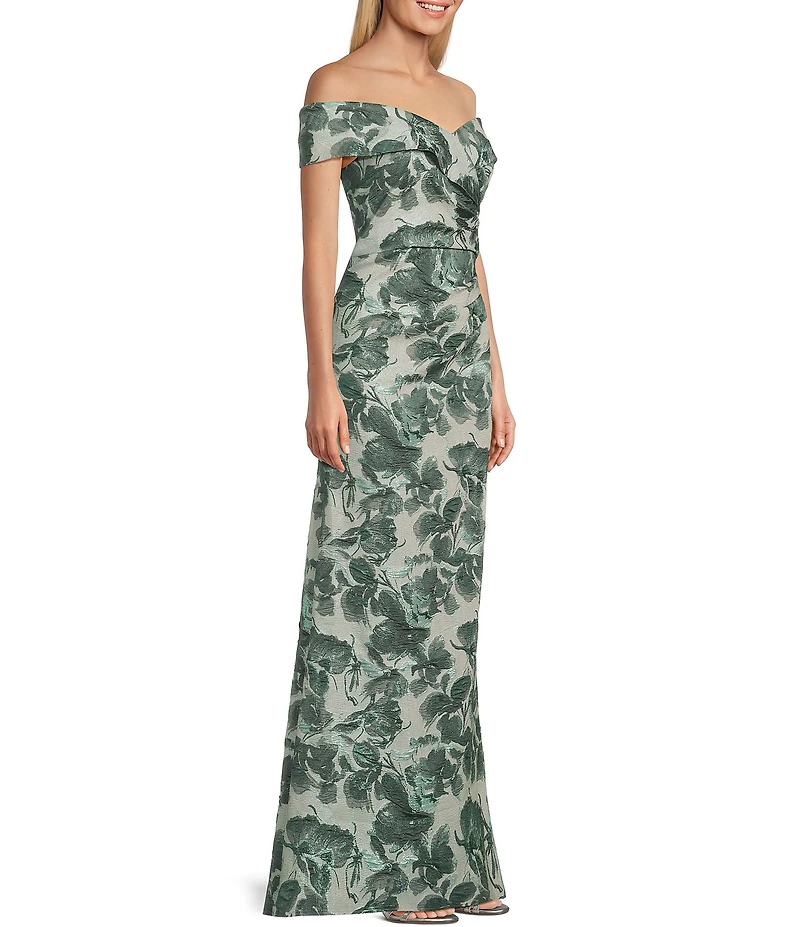 Alex Evenings Petite Size Floral Metallic Print Jacquard Off The Shoulder Gown