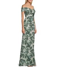 Alex Evenings Petite Size Floral Metallic Print Jacquard Off The Shoulder Gown
