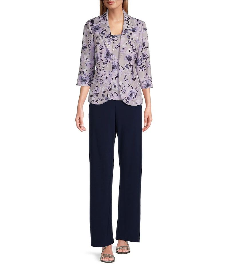 Alex Evenings Petite Size Floral Print 3/4 Sleeve Notch Lapel Collar Crepe Twinset