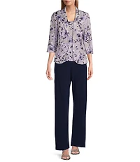 Alex Evenings Petite Size Floral Print 3/4 Sleeve Notch Lapel Collar Crepe Twinset