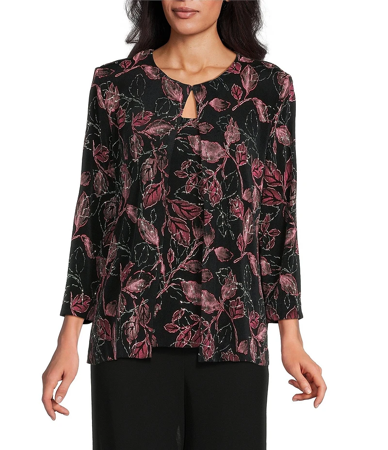 Alex Evenings Petite Size Floral Print Glitter Knit Twinset