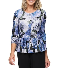 Alex Evenings Petite Size Floral Print Lurex Knit Peplum Hem Button Front Blouse