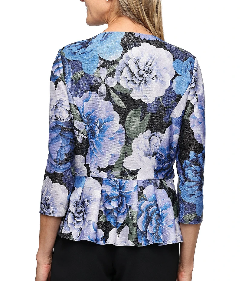 Alex Evenings Petite Size Floral Print Lurex Knit Peplum Hem Button Front Blouse