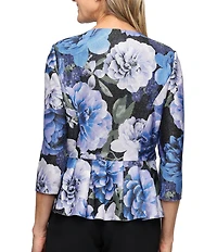 Alex Evenings Petite Size Floral Print Lurex Knit Peplum Hem Button Front Blouse