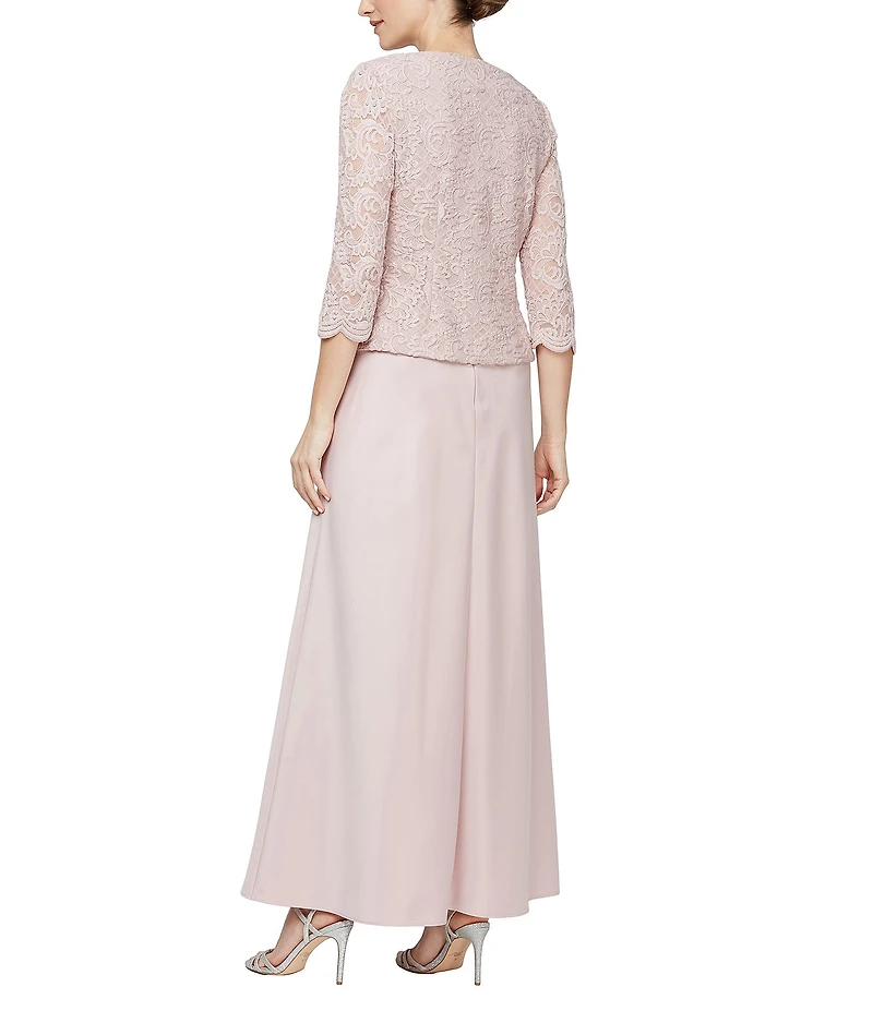 Alex Evenings Petite Size Scoop Neck 3/4 Sleeve Glitter Lace 2-Piece Jacket Dress