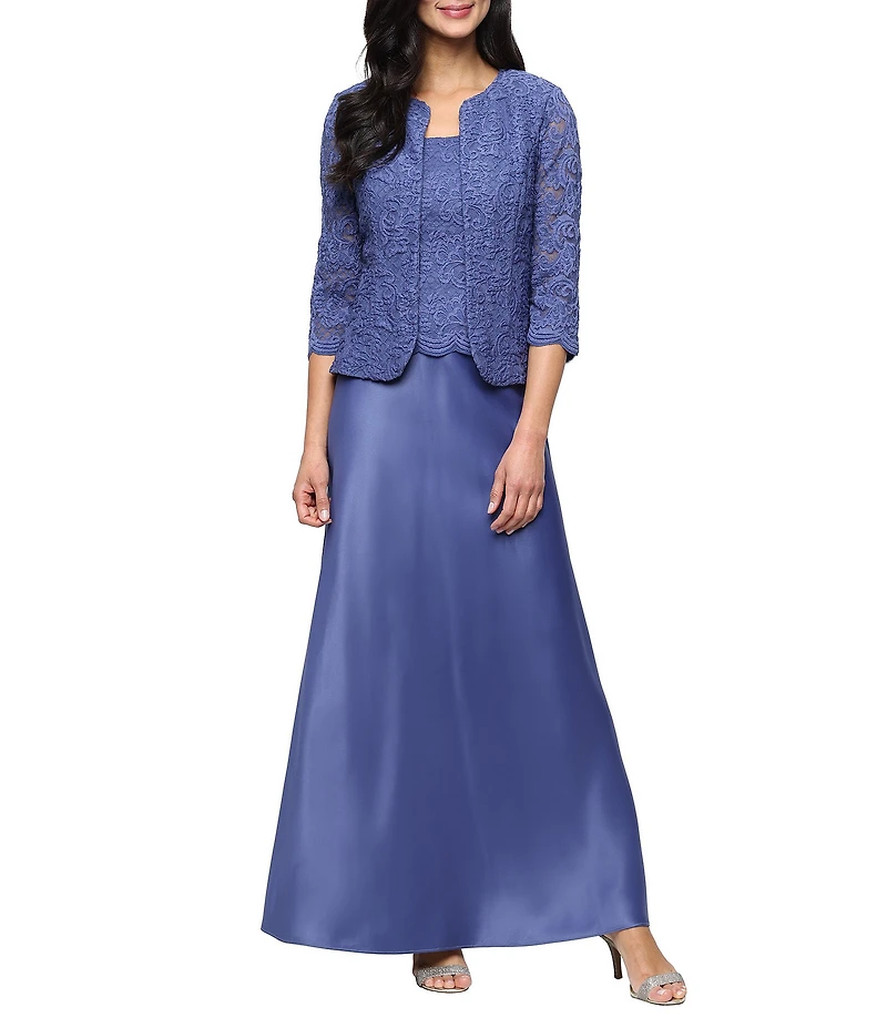 Alex Evenings Petite Size Scoop Neck 3/4 Sleeve Glitter Lace 2-Piece Jacket Dress