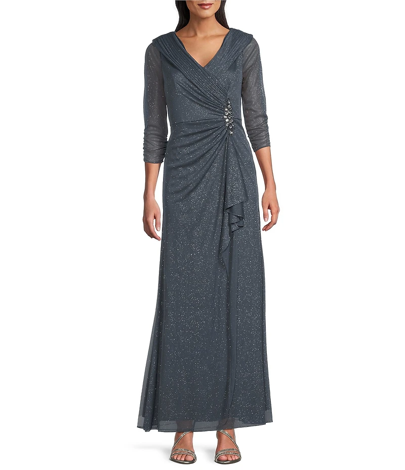 Alex Evenings Petite Size Glitter Mesh V-Neck Embellished Ruched Waist 3/4 Sleeve Gown
