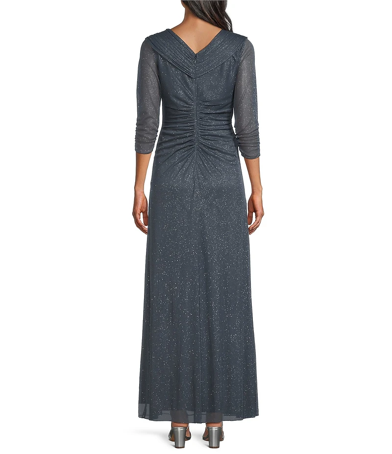 Alex Evenings Petite Size Glitter Mesh V-Neck Embellished Ruched Waist 3/4 Sleeve Gown