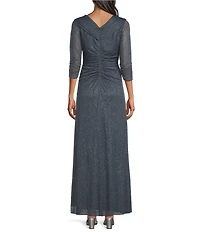 Alex Evenings Petite Size Glitter Mesh V-Neck Embellished Ruched Waist 3/4 Sleeve Gown