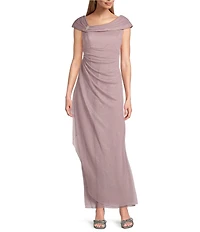 Alex Evenings Petite Size Glitter Sheer Mesh L-Neck Cap Sleeve Cascade Skirt Column Gown