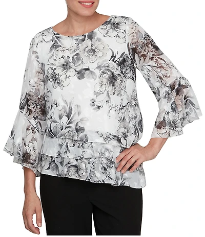 Alex Evenings Petite Size Illusion 3/4 Sleeve Boat Neck Asymmetrical Hem Triple Tier Chiffon Blouse