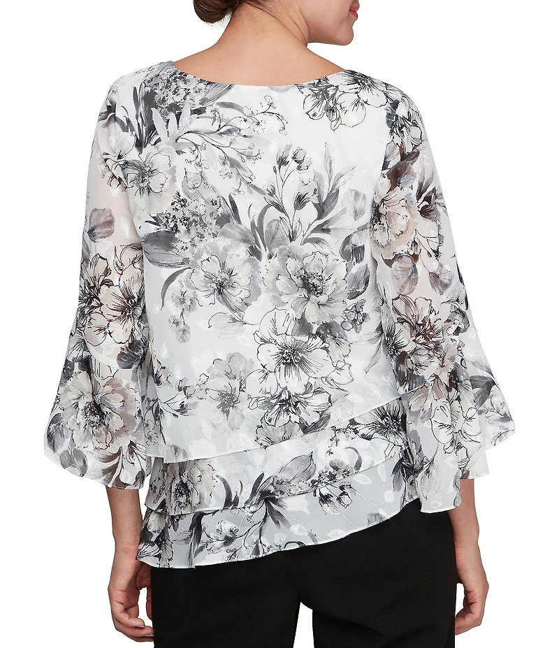 Alex Evenings Petite Size Illusion 3/4 Sleeve Boat Neck Asymmetrical Hem Triple Tier Chiffon Blouse