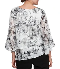 Alex Evenings Petite Size Illusion 3/4 Sleeve Boat Neck Asymmetrical Hem Triple Tier Chiffon Blouse