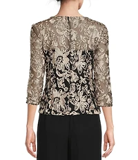 Alex Evenings Petite Size Illusion Crew Neck 3/4 Sleeve Embroidered Floral Lace Top