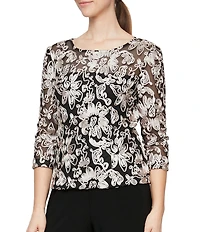 Alex Evenings Petite Size Illusion Crew Neck 3/4 Sleeve Embroidered Floral Lace Top