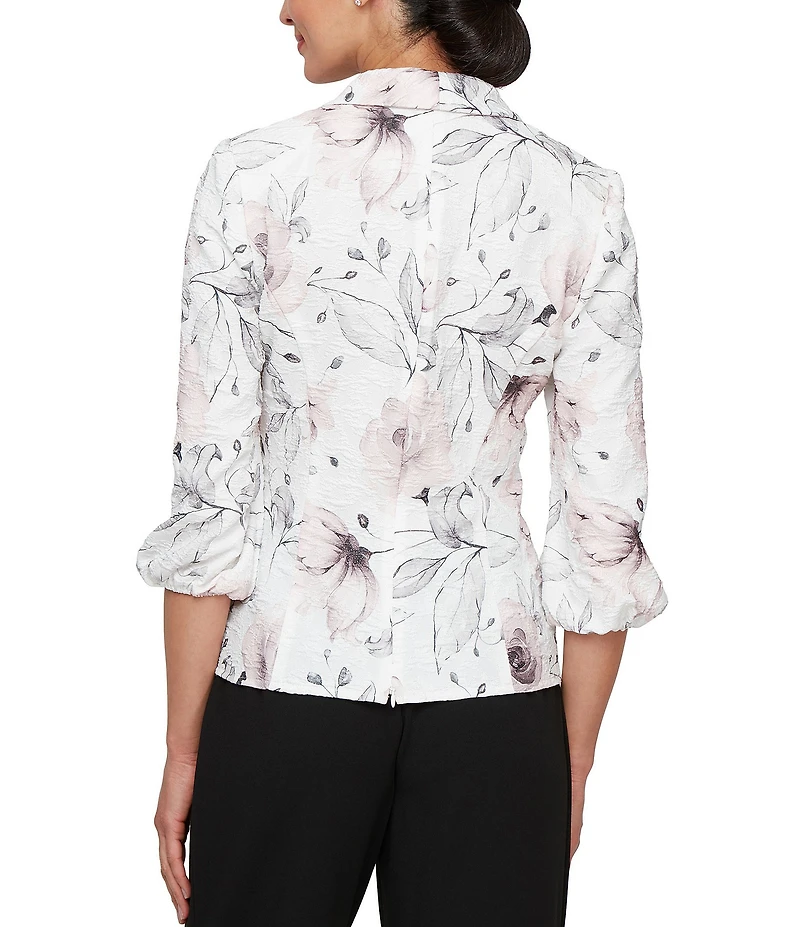 Alex Evenings Petite Size Jacquard Collared V-Neck 3/4 Bubble Hem Sleeve Floral Blouse