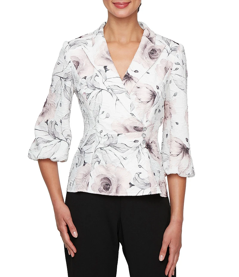Alex Evenings Petite Size Jacquard Collared V-Neck 3/4 Bubble Hem Sleeve Floral Blouse
