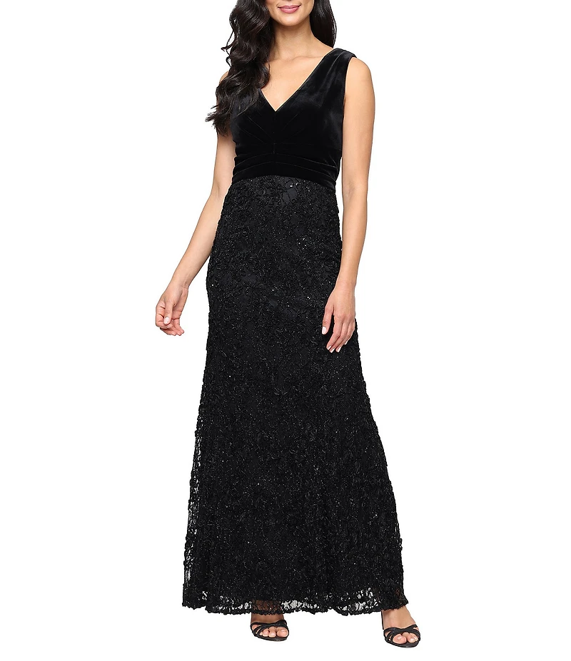 Alex Evenings Petite Size Jersey V-Neck Sleeveless Lace Soutache Skirt Gown