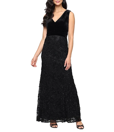 Alex Evenings Petite Size Jersey V-Neck Sleeveless Lace Soutache Skirt Gown