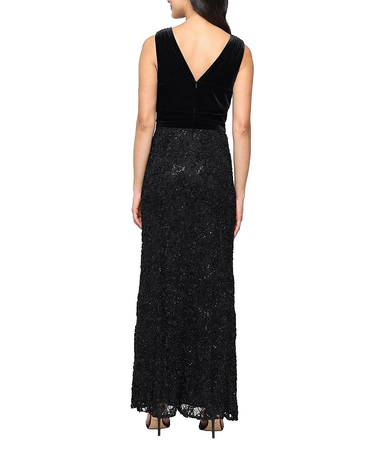 Alex Evenings Petite Size Jersey V-Neck Sleeveless Lace Soutache Skirt Gown