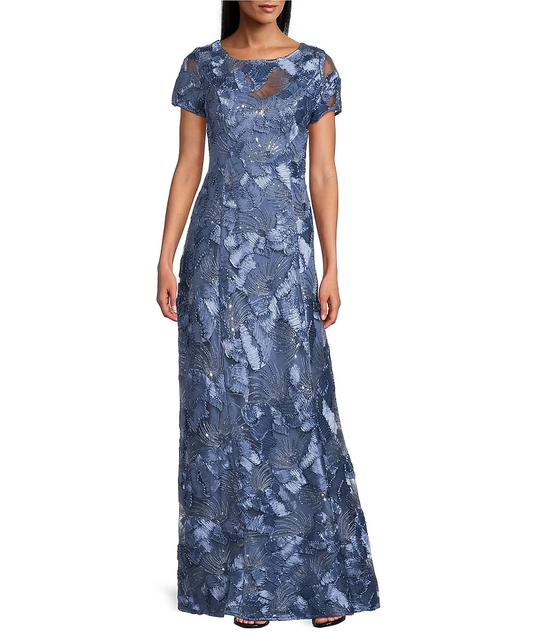 Alex Evenings Petite Size Lace Scoop Neck Short Sleeve A-Line Gown
