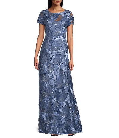 Alex Evenings Petite Size Lace Scoop Neck Short Sleeve A-Line Gown