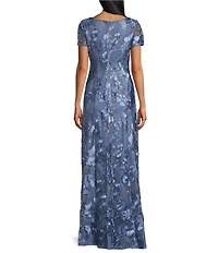 Alex Evenings Petite Size Lace Scoop Neck Short Sleeve A-Line Gown