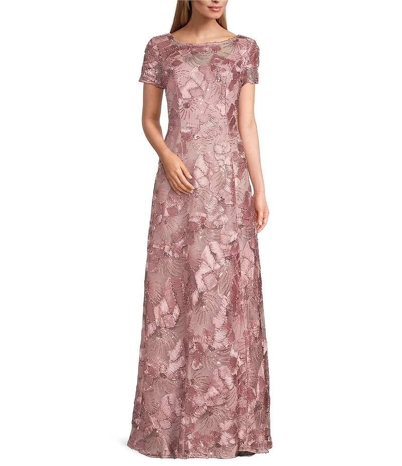 Alex Evenings Petite Size Lace Scoop Neck Short Sleeve A-Line Gown