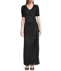 Alex Evenings Petite Size Lace Soutache Bodice V-Neck Short Sleeve Cascade Ruffle Empire Waist Dress