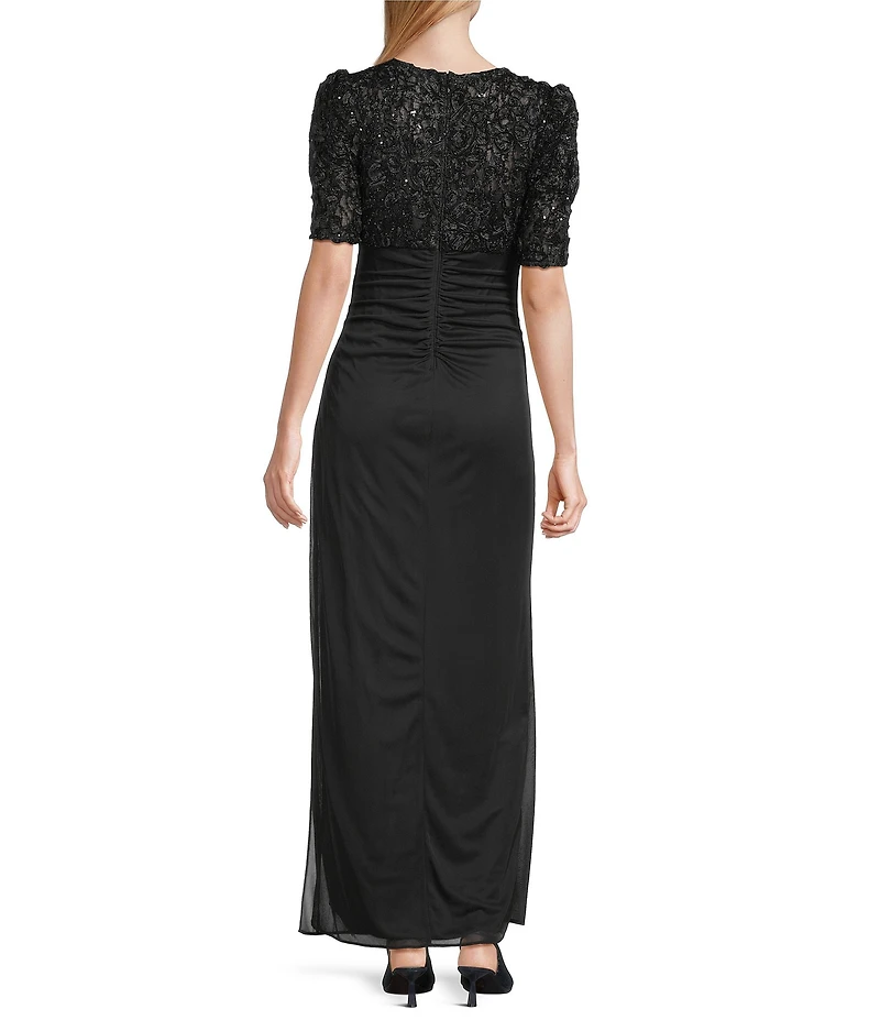 Alex Evenings Petite Size Lace Soutache Bodice V-Neck Short Sleeve Cascade Ruffle Empire Waist Dress