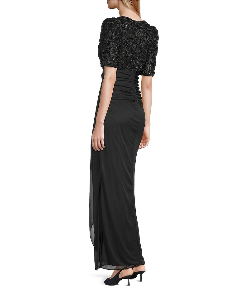 Alex Evenings Petite Size Lace Soutache Bodice V-Neck Short Sleeve Cascade Ruffle Empire Waist Dress